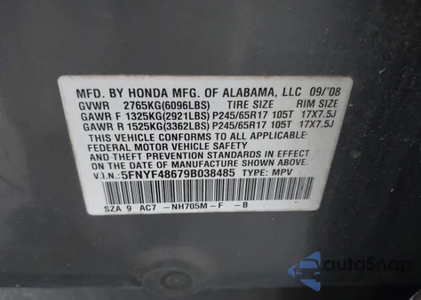 2009 Honda Pilot Ex-L z USA, uszkodzony, nr VIN 5FNYF48679B038485